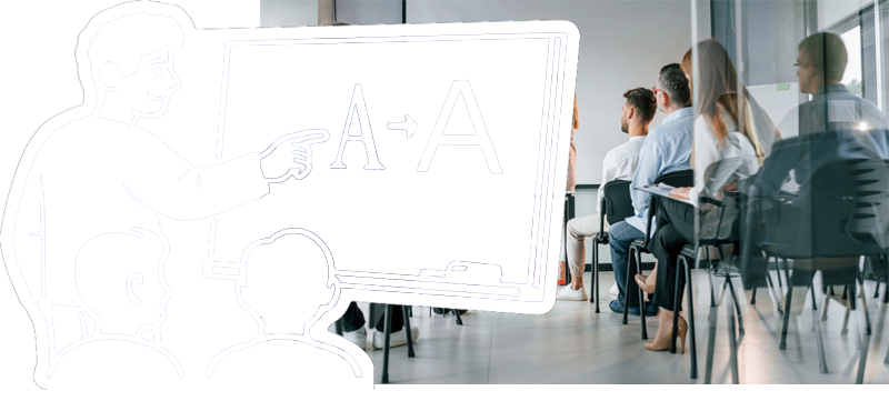 Illustrazione rappresentante una sessione di formazione alla lavagna e a fianco una fotografia di un'aula in formazione