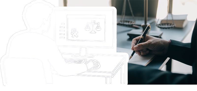 Illustrazione rappresentante una persona che lavora con il suo computer per attività collegate alla normative e a fianco una fotografia di uno studio legale
