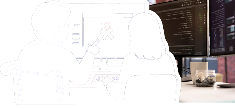 Illustrazione rappresentante due persona che lavorano al computer per lo sviluppo di un sito e a fianco una fotografia di una scrivania di uno sviluppatore